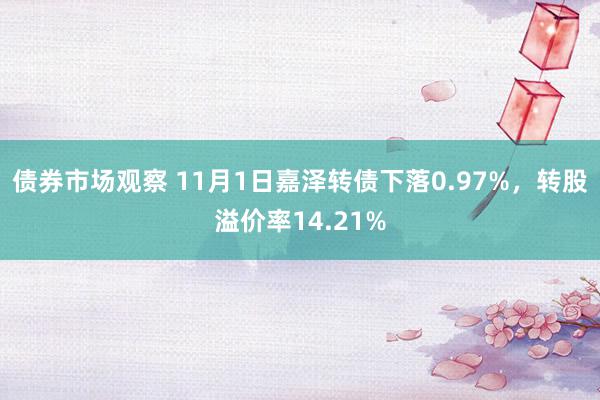 债券市场观察 11月1日嘉泽转债下落0.97%，转股溢价率14.21%