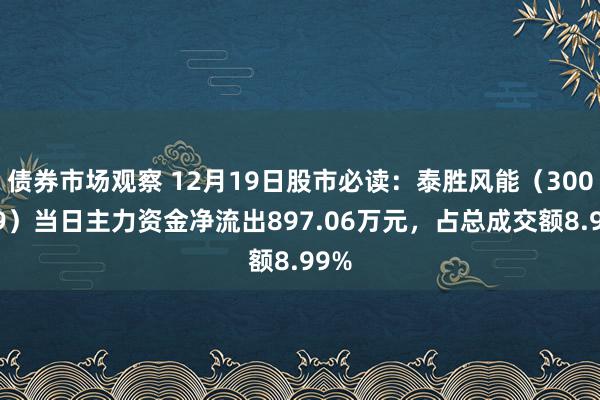 债券市场观察 12月19日股市必读：泰胜风能（300129）当日主力资金净流出897.06万元，占总成交额8.99%