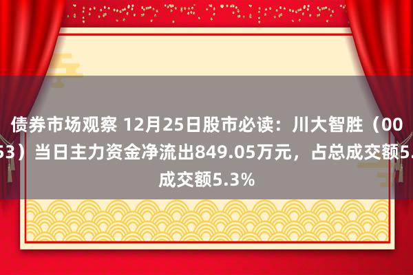 债券市场观察 12月25日股市必读：川大智胜（002253）当日主力资金净流出849.05万元，占总成交额5.3%