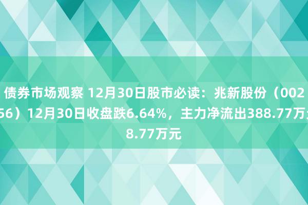 债券市场观察 12月30日股市必读：兆新股份（002256）12月30日收盘跌6.64%，主力净流出388.77万元