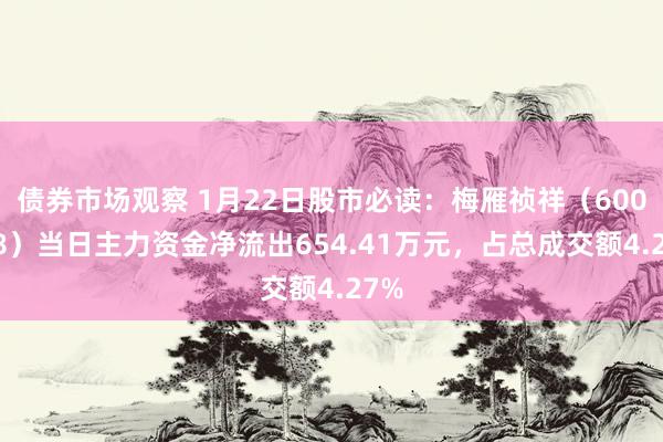 债券市场观察 1月22日股市必读：梅雁祯祥（600868）当日主力资金净流出654.41万元，占总成交额4.27%