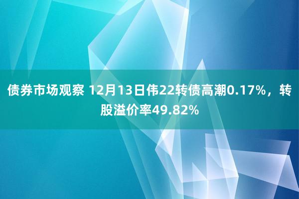 债券市场观察 12月13日伟22转债高潮0.17%，转股溢价率49.82%